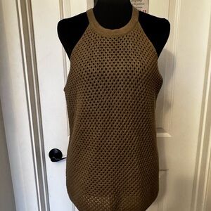 DKNY Halter-Style Open Weaver Knit Top. Size L Olive green